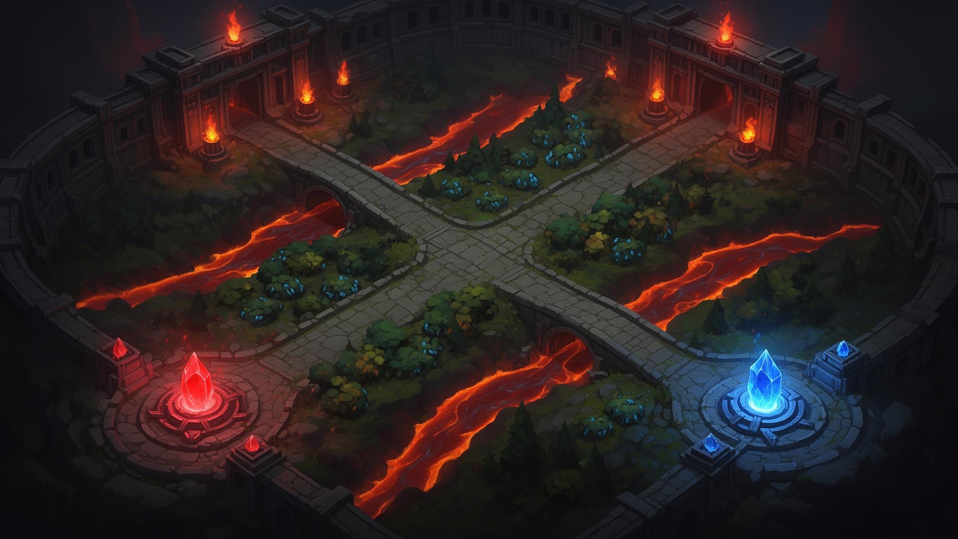Top-down view of the Berserk Arena map with red and blue nexus crystals
